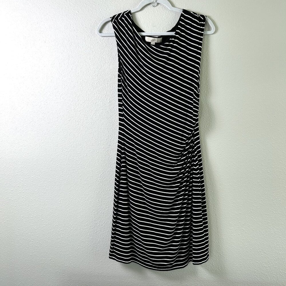 Ann Taylor Loft Dress Womens Size S Black White Striped Ruched Knit Stretch